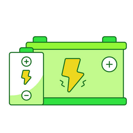Eco battery concept battery accumulator recharge lightning white isolated background with green theme flat outline styleのイラスト素材