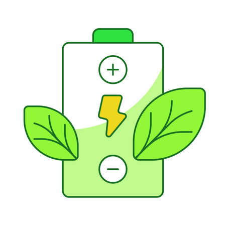 Green battery concept battery recharging leaf white isolated background with green theme flat outline styleのイラスト素材