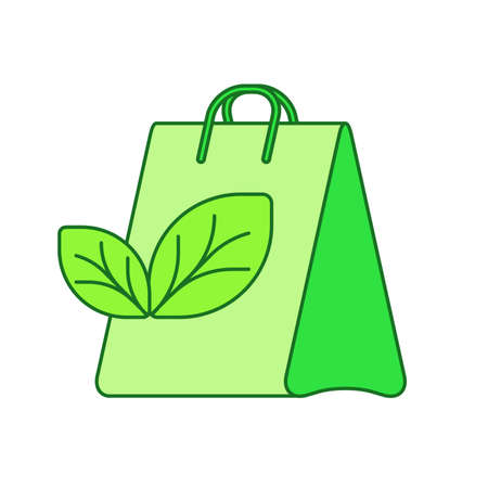 Eco bag concept shopping paper bag leaf white isolated background with green theme flat outline styleのイラスト素材