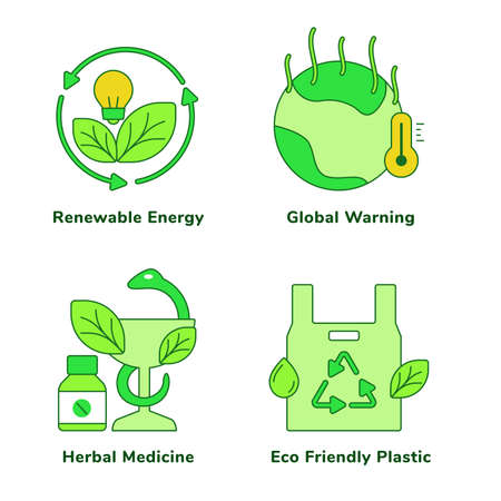 Ecology set collection renewable energy global warming herbal medicine eco friendly plastic white isolated background with green theme flat outline styleのイラスト素材