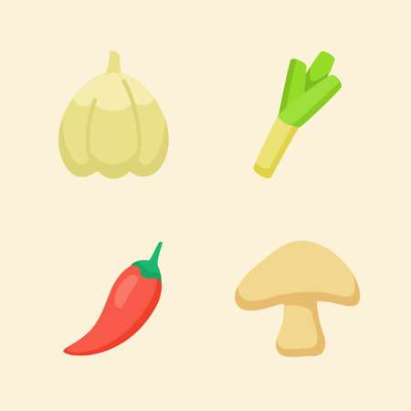 Seasoning icon set collection garlic leek chili mushroom white isolated background with color flat cartoon styleのイラスト素材