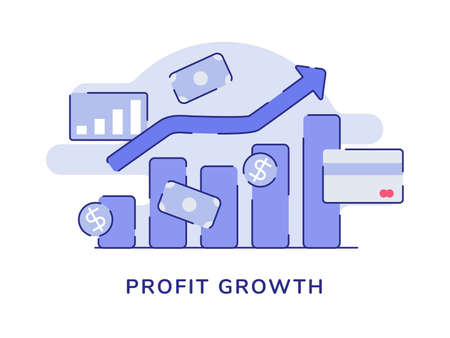 Growth profit concept bar chart arrow positive trend white isolated background with flat outline styleのイラスト素材