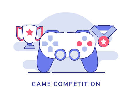 Game competition concept joystick trophy medal white isolated background with flat outline styleのイラスト素材