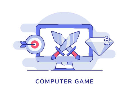 Computer game concept two sword on display computer screen target board diamond white isolated background with flat outline styleのイラスト素材