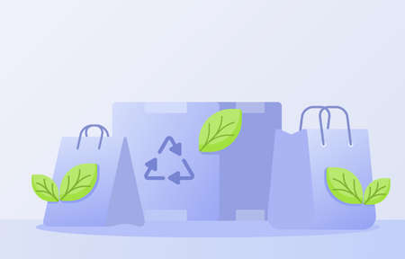 Eco friendly packaging concept box shopping bag leaf white isolated background with flat styleのイラスト素材