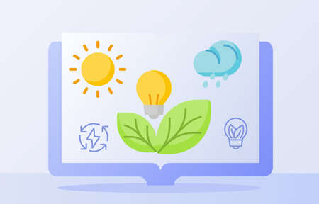 Ecology education concept bulb lamp leaf sun cloud rain in book white isolated background with flat styleのイラスト素材