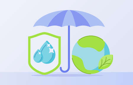 Nature protection concept umbrella earth green leaf drop water in shield white isolated background with flat styleのイラスト素材