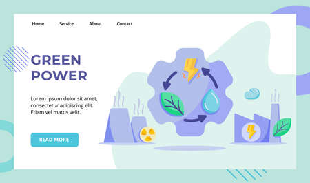 Green power recycle leaf drop water lightning on gear nuclear power station campaign for web website home homepage landing page template banner with flat styleのイラスト素材
