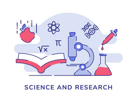 Science and research microscope book atom physic chemistry biology white isolated background with flat styleのイラスト素材