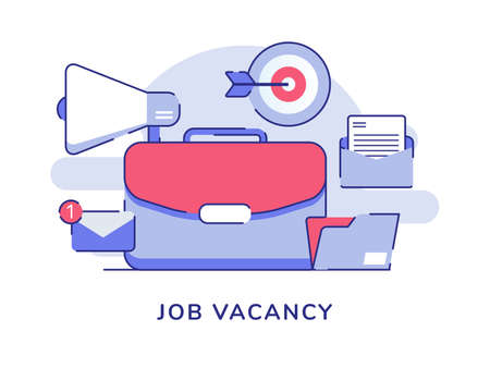 Job vacancy concept suitcase email notification megaphone arrow target board letter folder white isolated background with flat style vector design illustrationのイラスト素材