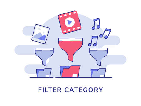 Filter category concept picture video music on funnel file folder white isolated background with flat styleのイラスト素材