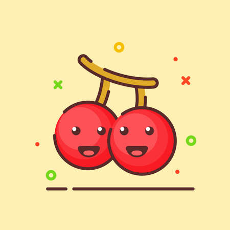 Cherry cute mascot face emotion happy fruit with color flat cartoon outline styleのイラスト素材