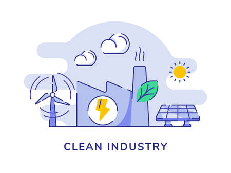 Clean industry concept factory building wind solar energy power white isolated background with flat outline styleのイラスト素材