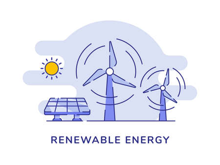 Renewable energy wind solar power white isolated background with flat outline style