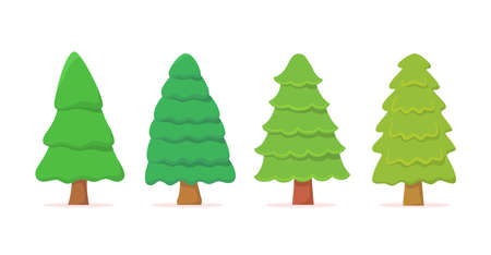 Fir tree set collection hand drawn white isolated background with color flat style vector designのイラスト素材