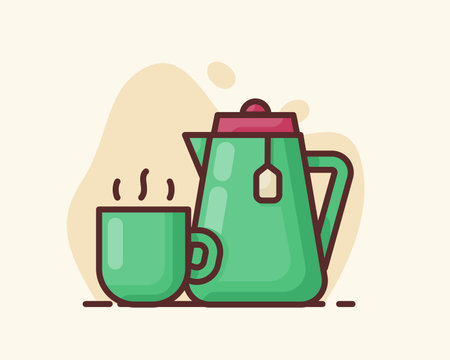 green tea in mug cup smoke hot iron kettle with flat style vector design illustrationのイラスト素材