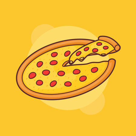 pizza cut whole melted mozzarella cheese delivery fast food with flat full color outline style vector design illustrationのイラスト素材