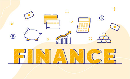 finance typography word art money piggy bank credit card calculator gold with outline style vector design illustrationのイラスト素材