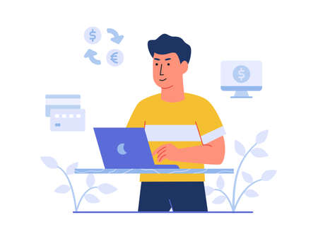 finance character man working on laptop background of credit card computer monetize money exchange with cartoon flat style vector design illustrationのイラスト素材