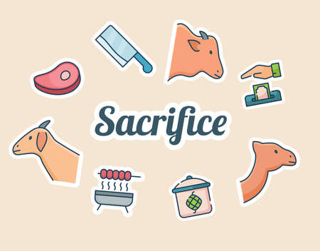 sacrifice lettering around set icons package light brown isolated background with modern flat cartoon style vector design illustrationのイラスト素材