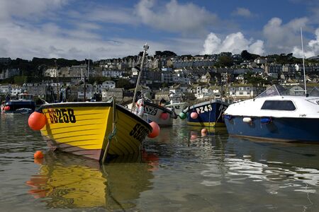 View looking down on the harbour in the fishing village of St Ives, Cornwall.の写真素材