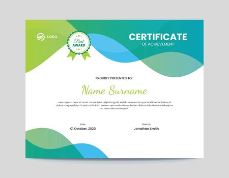 Colored Blue and Green Waves Certificate Template || Letter Size 11x8.5 with .125 Bleedのイラスト素材