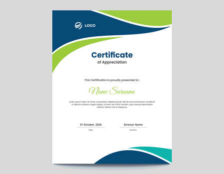 Vertical blue and green waves certificate design template || Letter Size 8.5x11 with .125 Bleedのイラスト素材