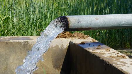 Water flows from a pipe to a water well in the field.の写真素材