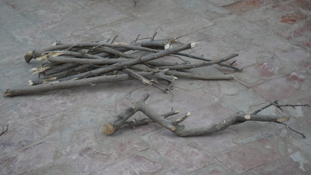 bunch of dry twigs on the floor in the temple.の写真素材