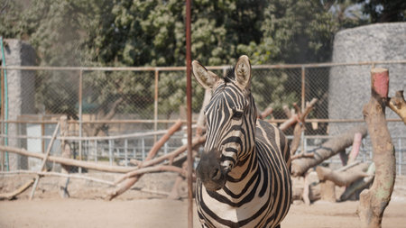 Zebra in a zoo. Selective focus on the animal.の写真素材
