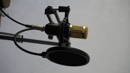 Microphone in a recording studio, close-up. Professional condenser microphone.