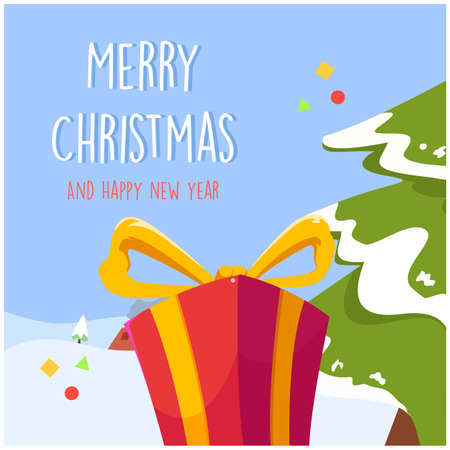 A red Christmas gift box with a yellow ribbon and a Christmas tree on a snow background. Merry Christmas and Happy New Year. Vector illustrationのイラスト素材