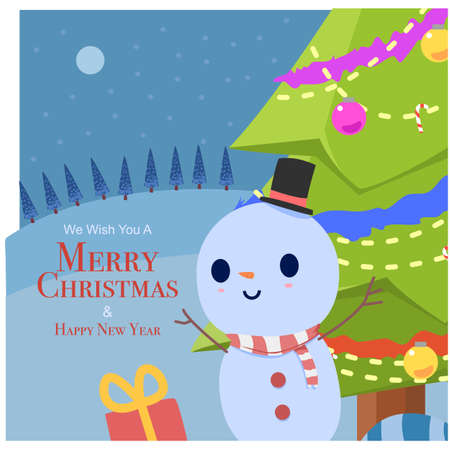 vector cute snowman character with hat and scarf. snowman greeting. cute christmas greeting card with snowman and background snowfall. illustration for christmas design and decorationのイラスト素材