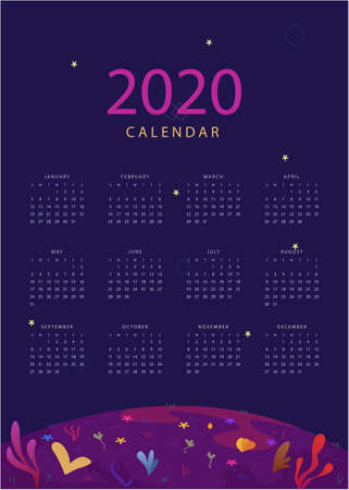 Calendar design for 2020. Simple red and purple background. night view. Week starts on Monday. Set of 12 calendar pages vector design print template. illustration of outer spaceのイラスト素材
