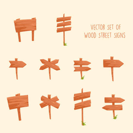 Wooden signboards and wood plank set. Signs and symbols to communicate a message on street or road, emblems. Banner template with wood texture. Vectorのイラスト素材