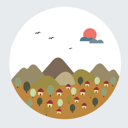 Simplistic scandinavian illustration nature village landscapeのイラスト素材