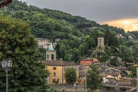 Panoramic view of the village of Fiumalbo at sunset - Modena - Italyの写真素材