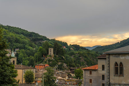 Panoramic view of the village of Fiumalbo at sunset - Modena - Italyの写真素材