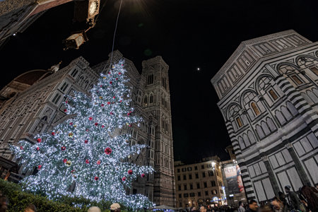 Illuminated Christmas tree in the center of Florence during the holidaysの写真素材