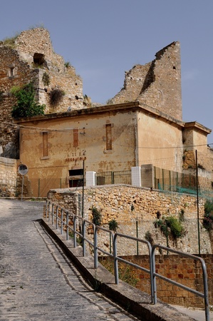 Tank building  Serbatoio Belvedere  and norman castle  Pietraperzia, Sicily, Italyの写真素材