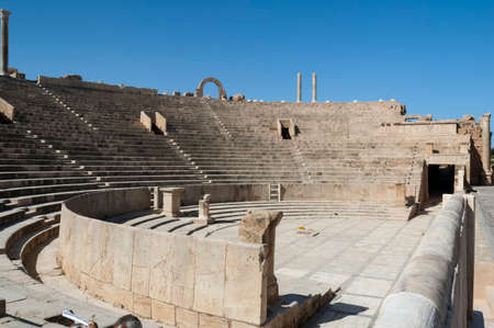 Archaeological site of Leptis Magna, Libya - 10/30/2006: The Ruins of the ancient theater in the...
