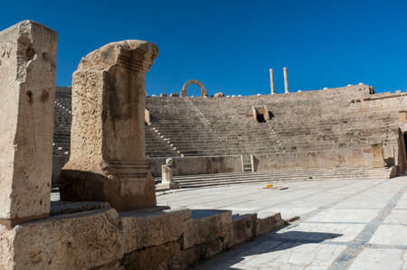 Archaeological site of Leptis Magna, Libya - 10/30/2006: The Ruins of the theater in the ancient Roman city of Leptis Magna.のeditorial素材
