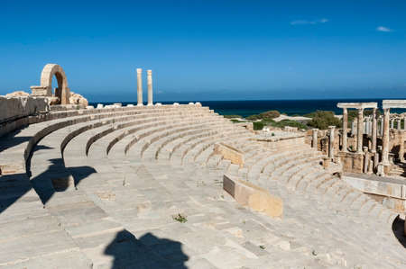 Archaeological site of Leptis Magna, Libya - 10/30/2006: The Ruins of the theater in the ancient Roman city of Leptis Magna.のeditorial素材