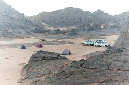 Camp tended in the Akakus, Sahara desert, Libya, Africaのeditorial素材