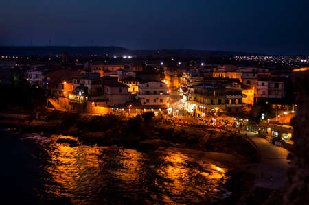 The village of Le Castella by night, Calabria, Italyの写真素材