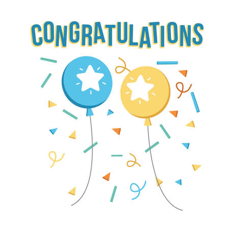 Congratulations banner with balloons and confetti. Vector illustration flat designのイラスト素材