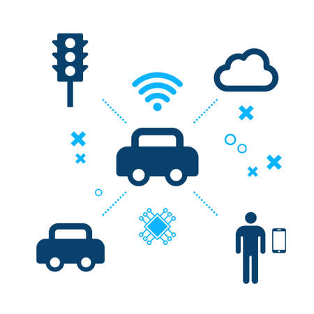 V2X technology network, car artificial inteligence connection, infographics with vector icons.のイラスト素材