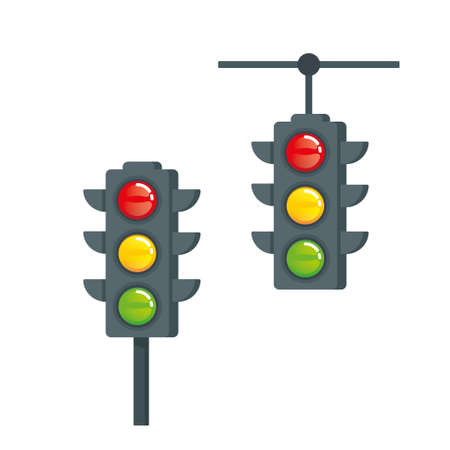 Traffic signal with red, yellow and green lights. Isolated vector illustration on white background.のイラスト素材