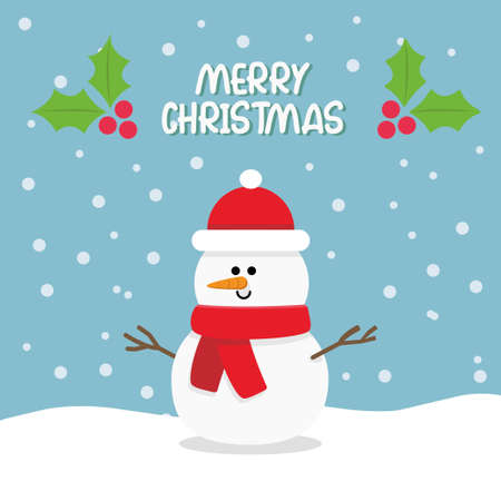 Cartoon cute snowman with merry christmas signのイラスト素材