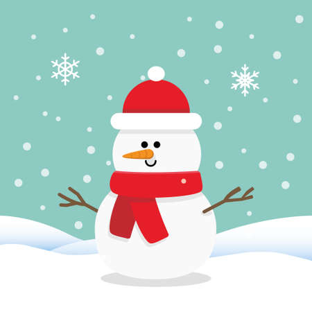 Snowman cartoon character, with snow background. Flat style vector illustration.のイラスト素材